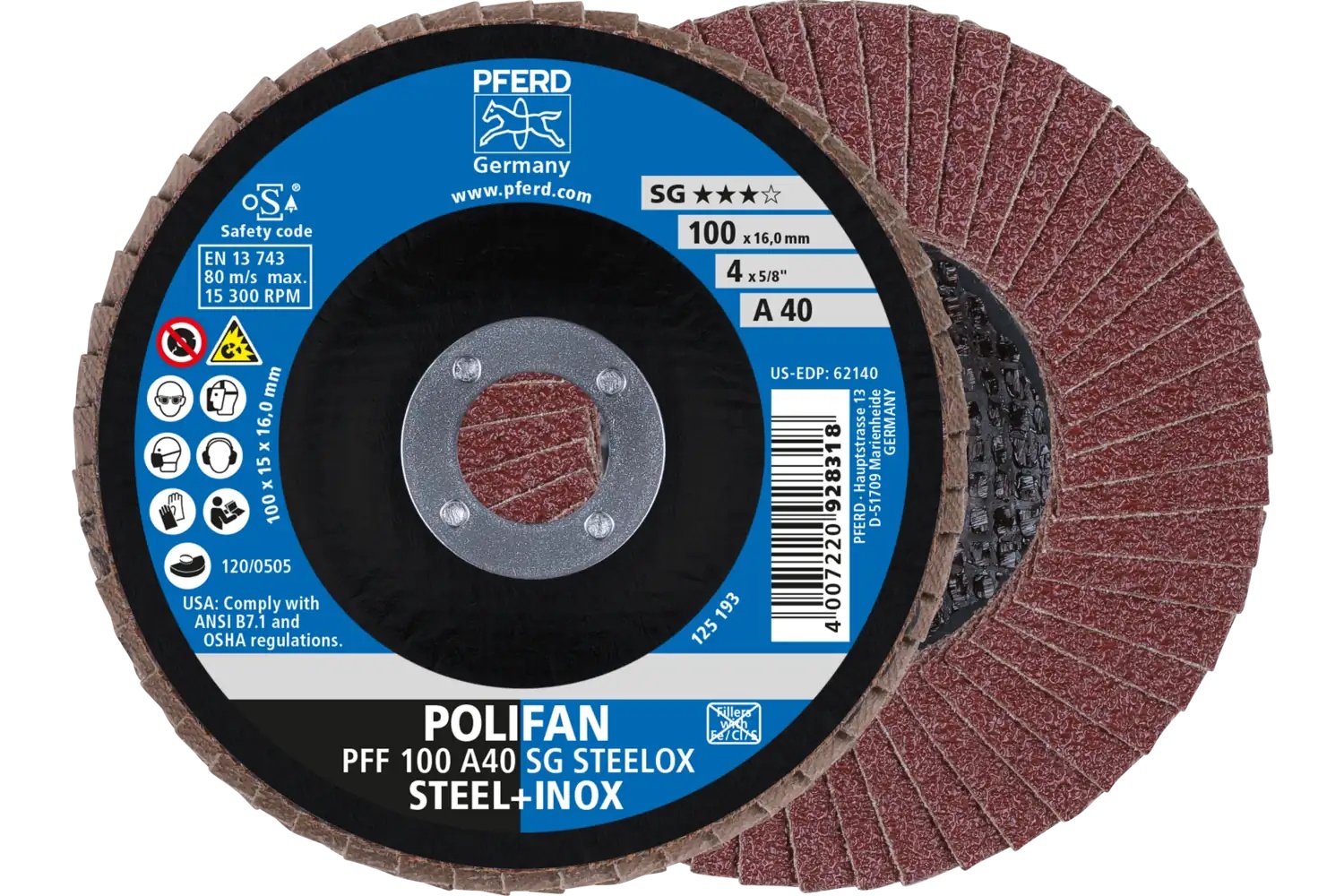 Picture of Pferd Flap Disc, 4" x 5/8, A SG Steelox, 40 Grit, T27, Flat, Aluminum oxide